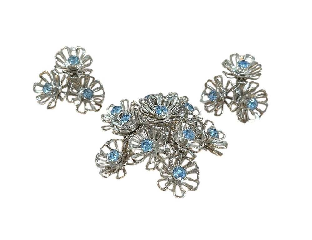 Vintage Coro Silver Filigree and Blue Rhinestone Brooch & Earring Set EUC